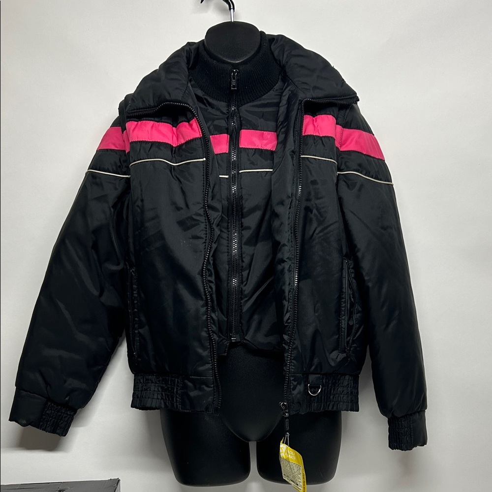 Black and Pink Puffer Jacket vintage 1970s 80s zip off sleeves vest coat